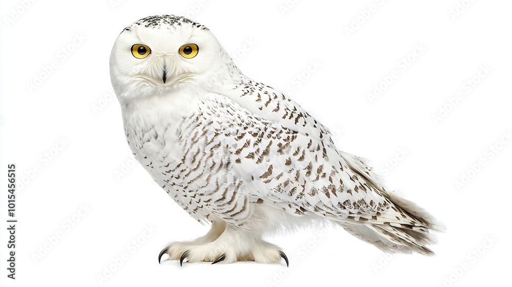 A white owl perched on a white background, gazing curiously into the lens A white owl perched on a white background, gazing curiously into the lens