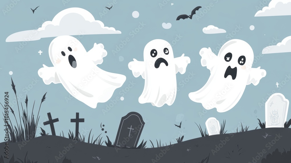 Cute ghost in graveyard. Halloween theme Cute ghost in graveyard. Halloween theme