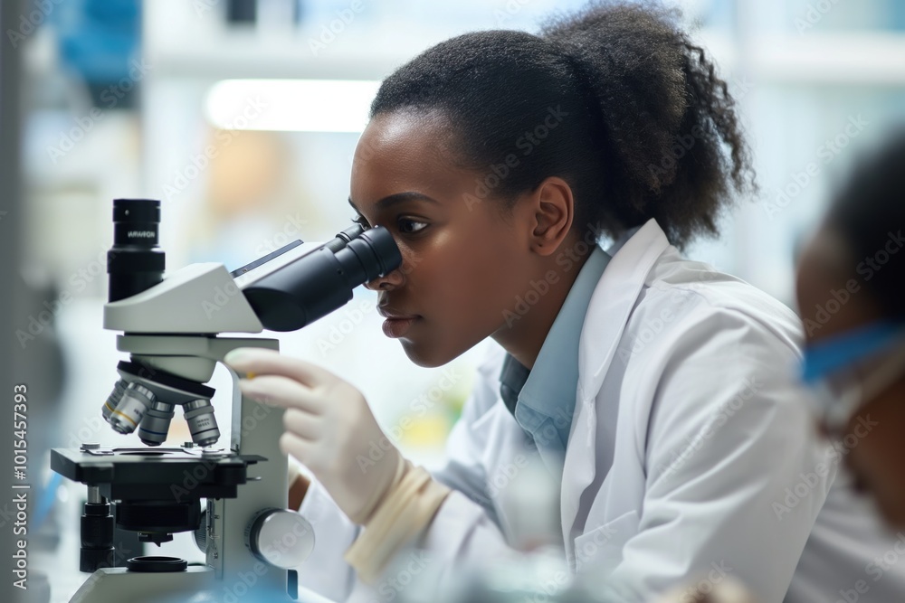 Black female scientist examines microscope slide in laboratory setting. Woman in white lab coat, safety goggles focuses on biochemistry experiment. Well-lit, controlled environment with beige wall, Black female scientist examines microscope slide in laboratory setting. Woman in white lab coat, safety goggles focuses on biochemistry experiment. Well-lit, controlled environment with beige wall,