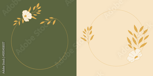 Szablony ramek z botanicznym motywem w prostym stylu z listkami i kwiatami - zaproszenia ślubne, gratulacje, baby shower, pocztówki, kartki urodzinowe, kartki z życzeniami, dzień kobiet.