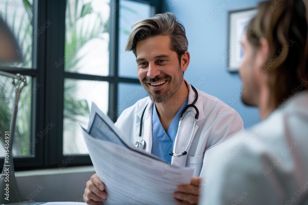 Doctor in clinic office talks to patient. Male doctor explains medical report to adult female patient. Healthcare provider in white coat listens attentively to patient concerns. Medical consultation Doctor in clinic office talks to patient. Male doctor explains medical report to adult female patient. Healthcare provider in white coat listens attentively to patient concerns. Medical consultation