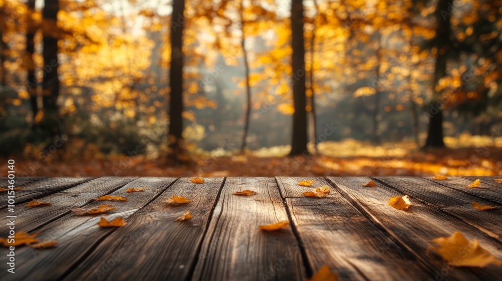 Fall background. Wooden table top in autumn forest Fall background. Wooden table top in autumn forest