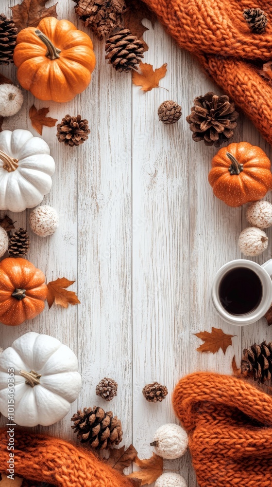 Fototapeta premium Cozy fall scene: pumpkins, sweaters, and hot chocolate on a rustic background