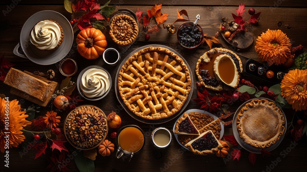 Thanksgiving pumpkin and apple various pies, top view, copy space. Neural network ai generated art Thanksgiving pumpkin and apple various pies, top view, copy space. Neural network ai generated art