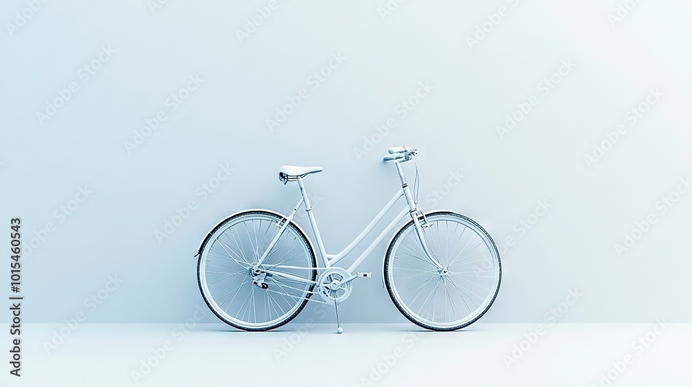 A close-up of a white bicycle on a white surface with white walls on both sides A close-up of a white bicycle on a white surface with white walls on both sides