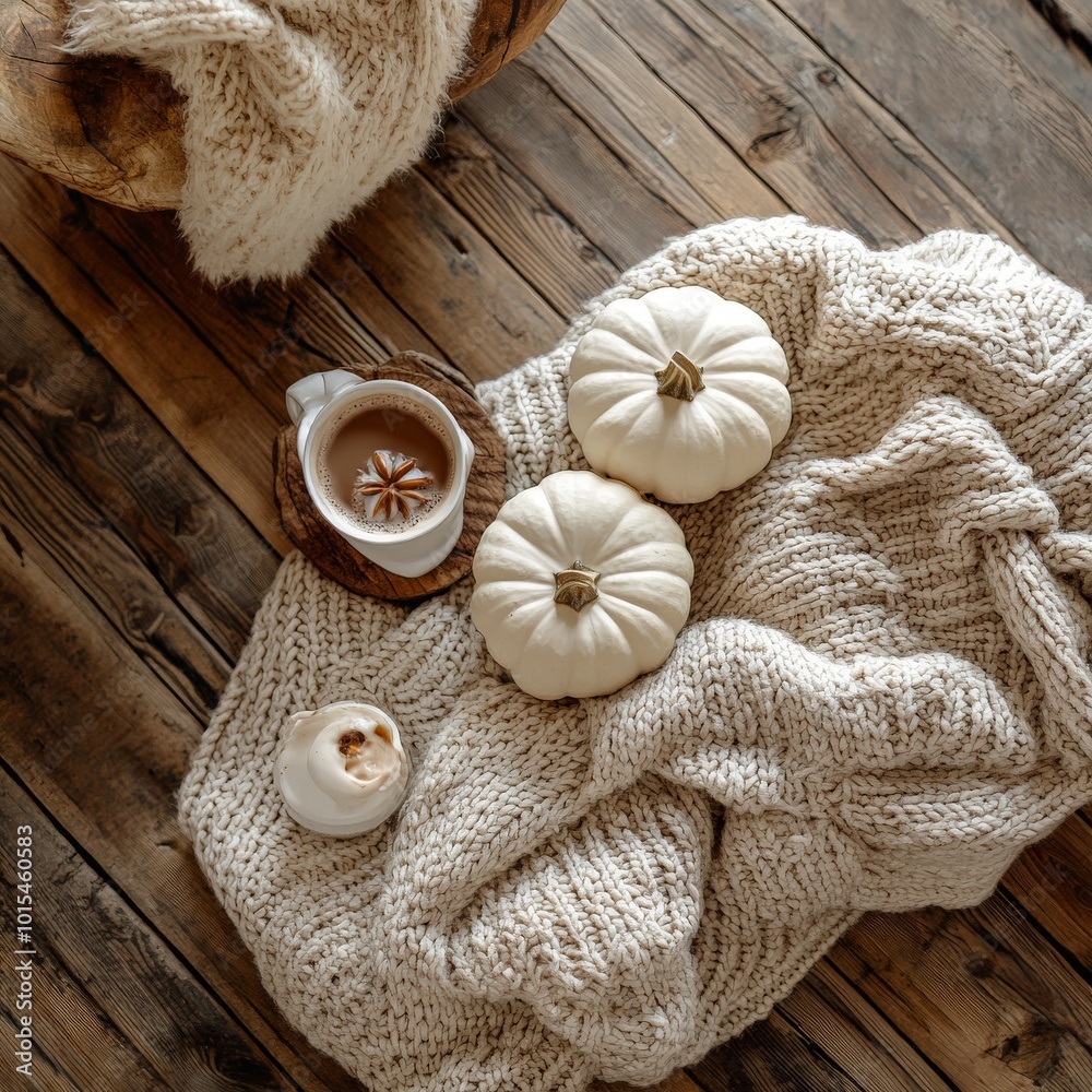 Naklejka premium Cozy fall scene: pumpkins, sweaters, and hot chocolate on a rustic background