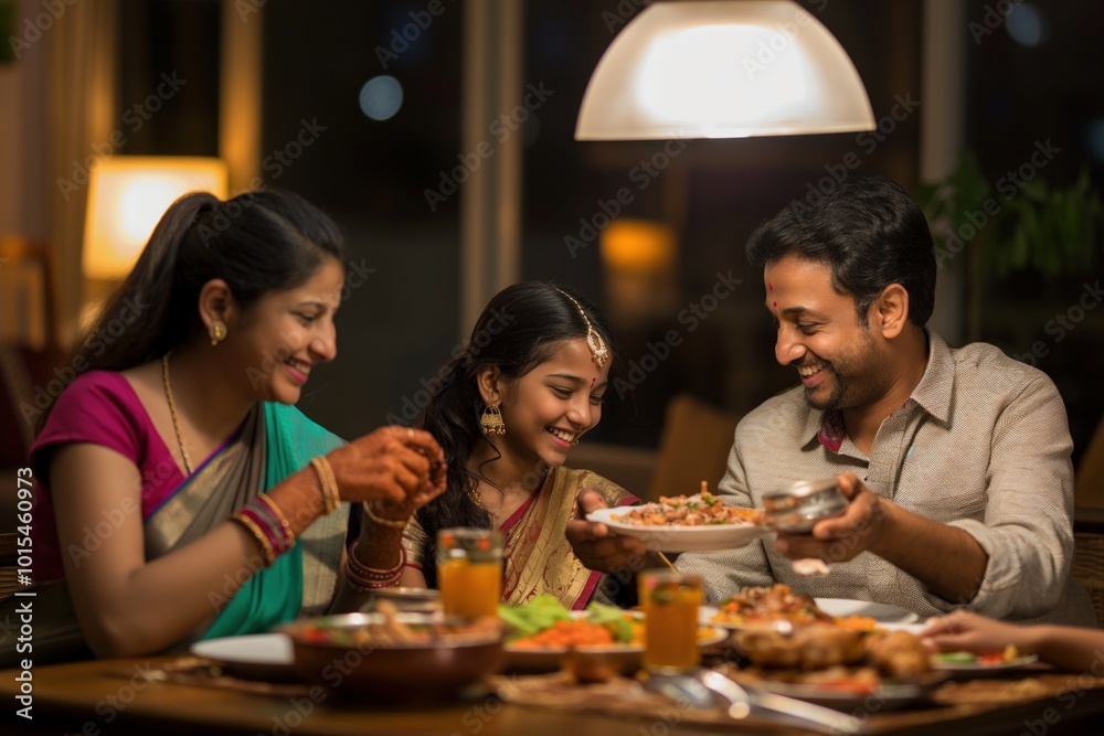 Indian family sitting together at home dinner table. Father holds plate of food, mother smiles in pink sari. Daughter wears traditional Indian sari, smiles at camera. Table set with soup, food, Indian family sitting together at home dinner table. Father holds plate of food, mother smiles in pink sari. Daughter wears traditional Indian sari, smiles at camera. Table set with soup, food,