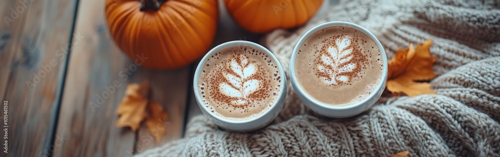 Cozy fall scene: pumpkins, sweaters, and hot chocolate on a rustic background Cozy fall scene: pumpkins, sweaters, and hot chocolate on a rustic background