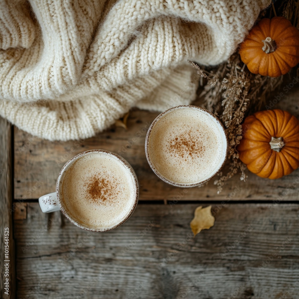 Cozy fall scene: pumpkins, sweaters, and hot chocolate on a rustic background
