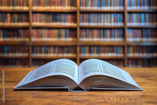 Open Book on Wooden Table in Library Inviting Exploration of Text and Illustrations Emphasizing Reading Learning and Scholarly Atmosphere