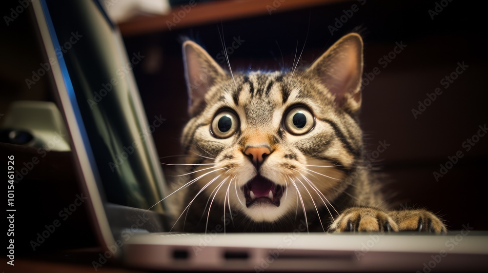Amazed kitten looking at a laptop, isolated on white background. Neural network ai generated art Amazed kitten looking at a laptop, isolated on white background. Neural network ai generated art
