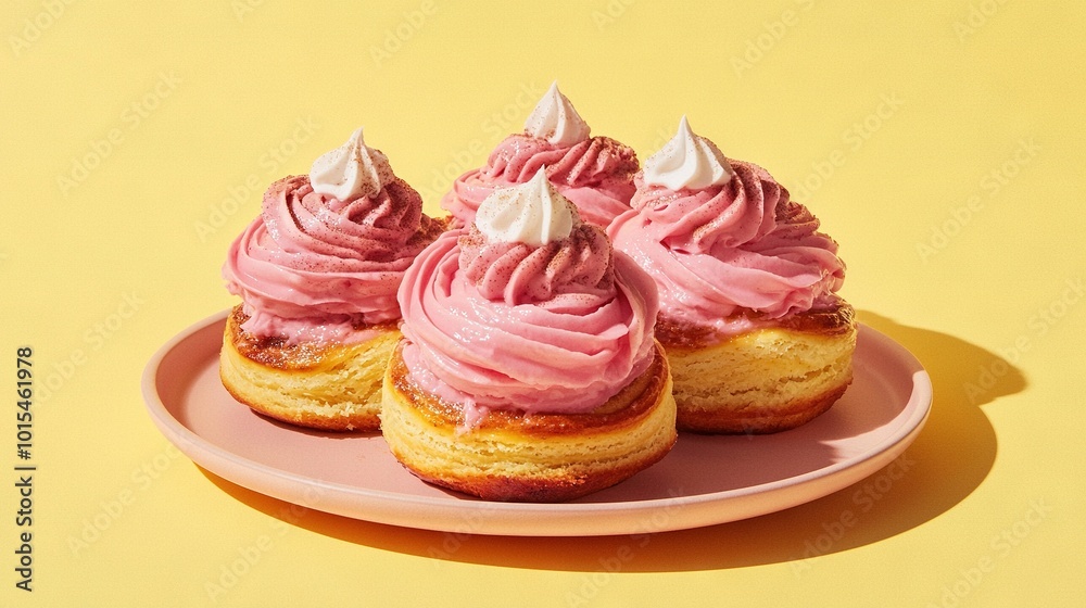 Three cupcakes with pink frosting on a pink plate on a yellow background, with a cupcake shadow on the plate Three cupcakes with pink frosting on a pink plate on a yellow background, with a cupcake shadow on the plate