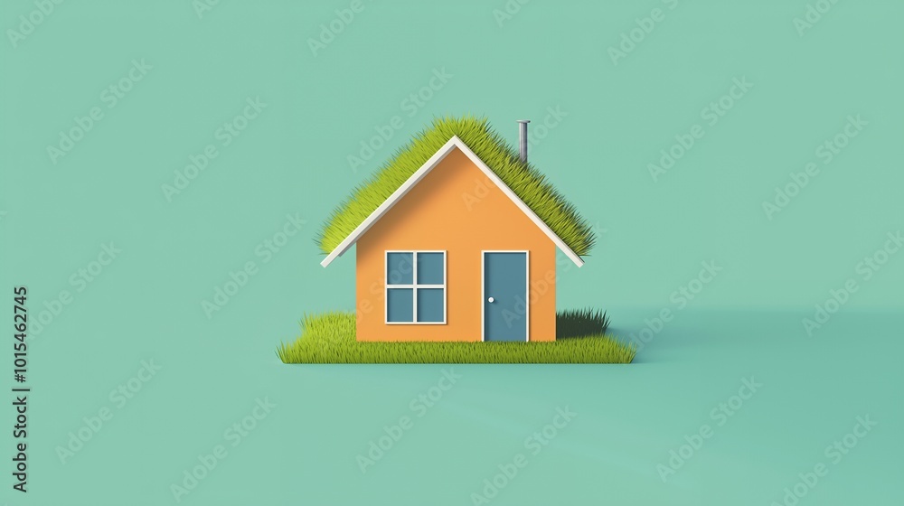 A minimalist orange house with a green grass roof and lawn sits on a light blue background. A minimalist orange house with a green grass roof and lawn sits on a light blue background.