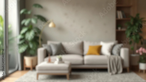 Blurred view of stylish living room with comfortable sofa and houseplants, widescreen 16:9, 300 dpi, with free space for text