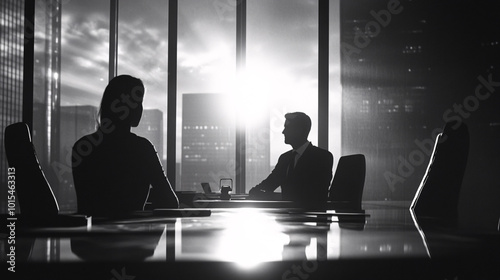 silhouette of business people meeting in office  - black and white photography - professional success - corporate team
