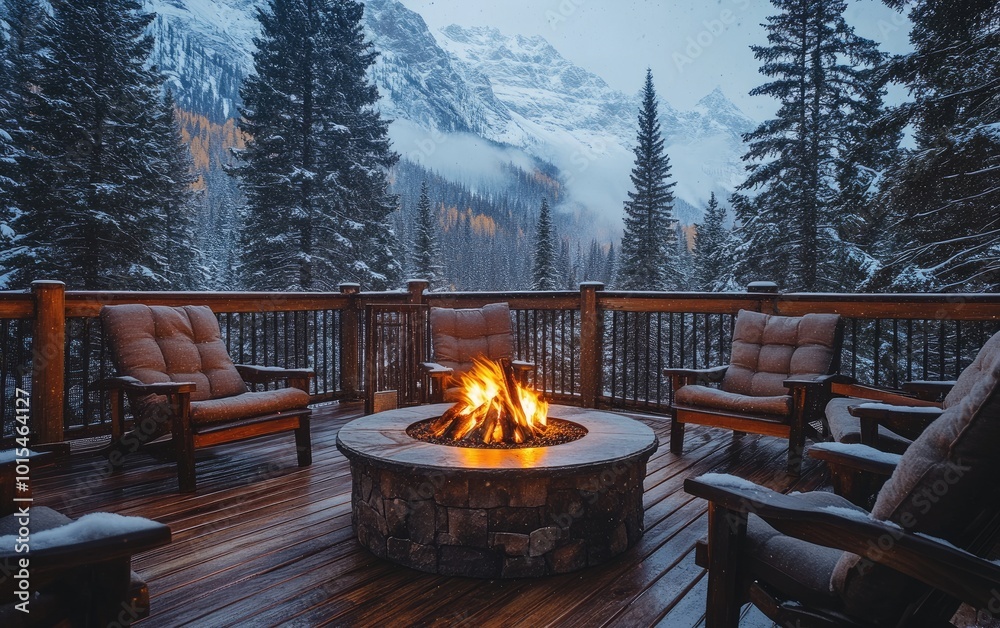 Cozy ambiance, charming view of warm fire pit resting on rustic wooden deck, surrounded by stunning nature, perfect for gathering friends, family while enjoying serene atmosphere. Cozy ambiance, charming view of warm fire pit resting on rustic wooden deck, surrounded by stunning nature, perfect for gathering friends, family while enjoying serene atmosphere.