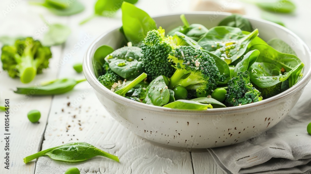 Fresh Broccoli, Spinach, and Green Bean Salad in a Ceramic Bowl with Olive Oil on White Wooden Surface Fresh Broccoli, Spinach, and Green Bean Salad in a Ceramic Bowl with Olive Oil on White Wooden Surface