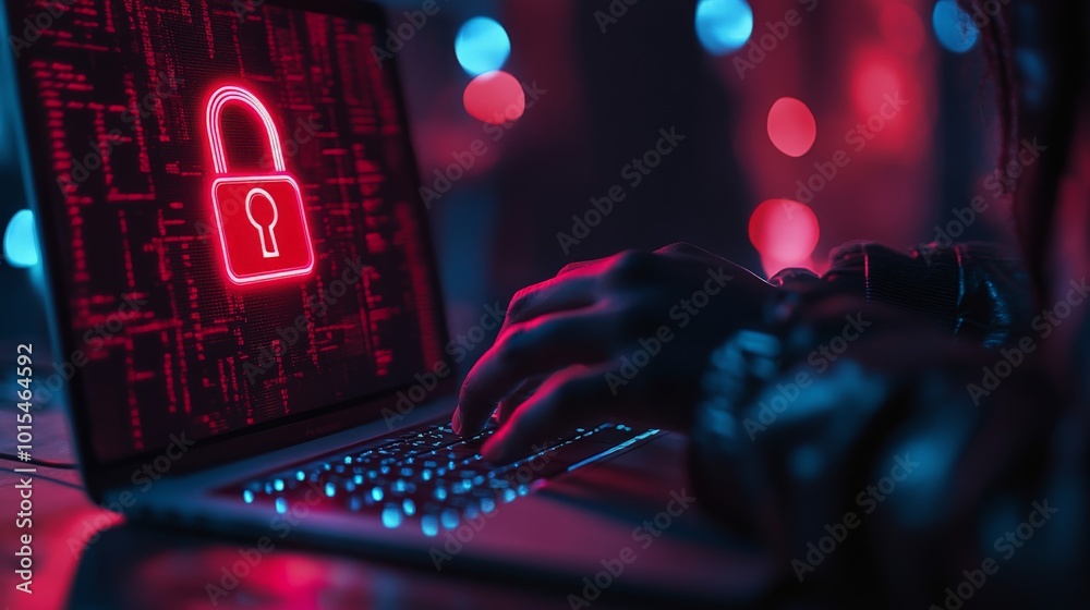 Hacker attack and broken red padlock, cyber security system breach concept Hacker attack and broken red padlock, cyber security system breach concept