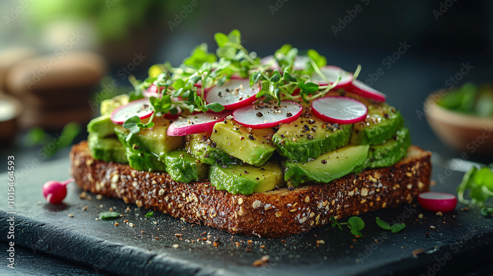 avocado toast with radishes and microgreens on slate plate