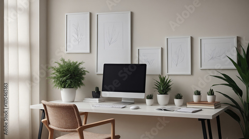 A study or a small office room interior design with decoratives, accessories and a black poster frame mock-up on the wall 3d illustration.