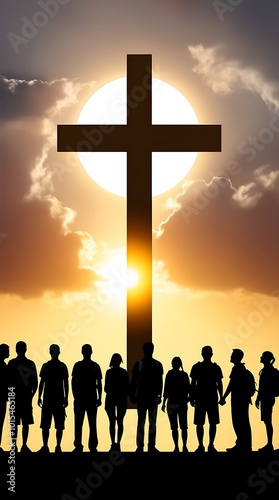 Silhouette, family and Christian cross at sunset for praying, religion and funeral social gathering, Ai generated, people and crucifix statue at sunrise for prayer, worship and religion community (23)