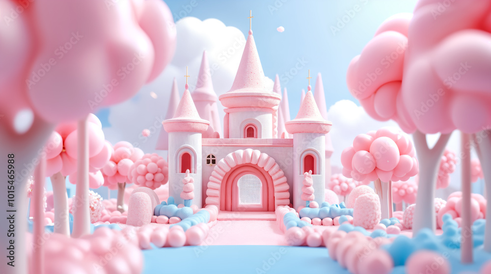 A Fairytale Pink Castle made of candy, Surrounded by Lollipop Trees and Marshmallow Clouds, Awaits in a Dreamy Landscape. A Fairytale Pink Castle made of candy, Surrounded by Lollipop Trees and Marshmallow Clouds, Awaits in a Dreamy Landscape.