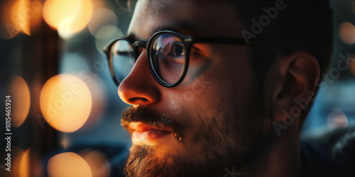 Contemplative Man with Glasses Gazing at Warm Lights in a Cozy Atmosphere