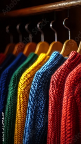 Cozy autumn knitwear collection hanging in wardrobe for fall fashion