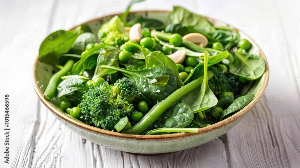 Fresh Green Salad with Broccoli, Spinach, and Green Beans in a Ceramic Bowl on White Wooden Background