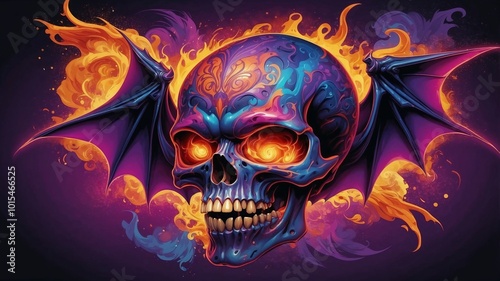 A firey skull with bat wings photo