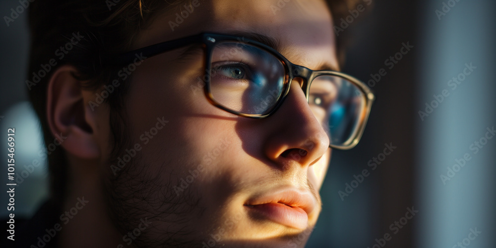 Contemplative Young Man with Glasses in Soft Natural Light Contemplative Young Man with Glasses in Soft Natural Light