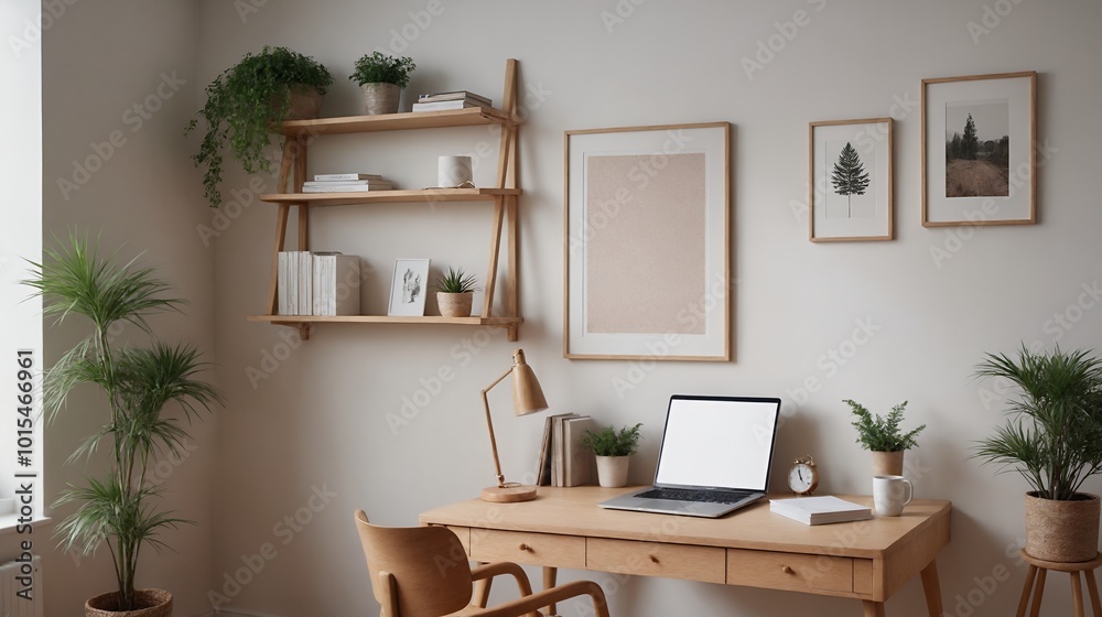 A study or a small office room interior design with decoratives, accessories and poster frame mock-up on the wall 3d illustration.
