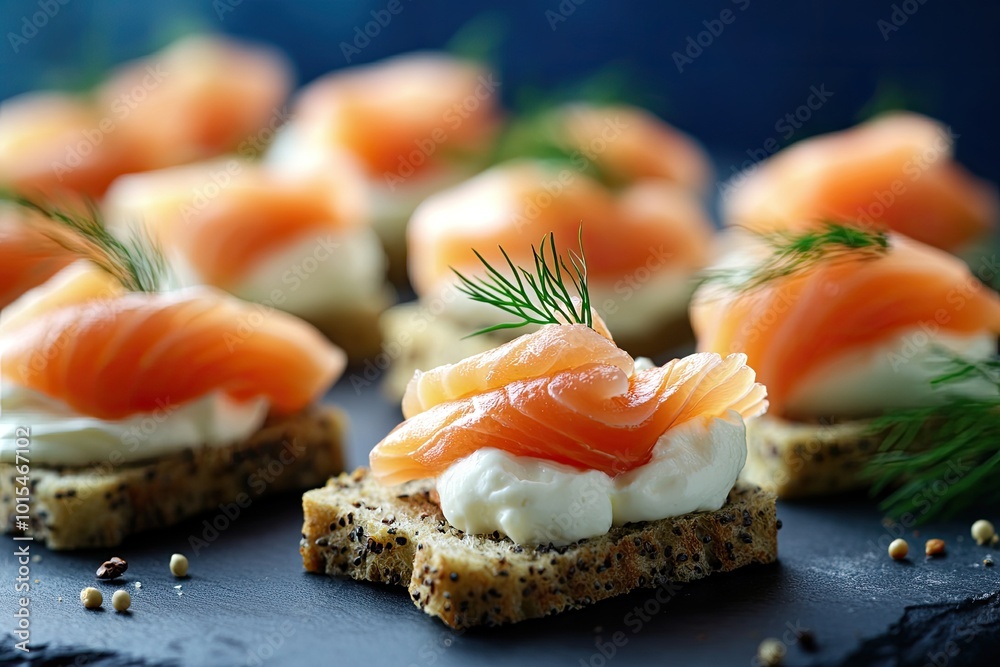 Appetizers with smoked salmon, cream cheese, and dill. Perfect for showcasing an event or a party, especially for elegant gatherings. Appetizers with smoked salmon, cream cheese, and dill. Perfect for showcasing an event or a party, especially for elegant gatherings.