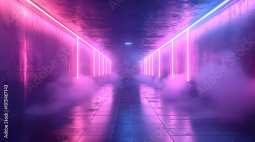 3D Illustration of a Futuristic Hallway with Neon Lights