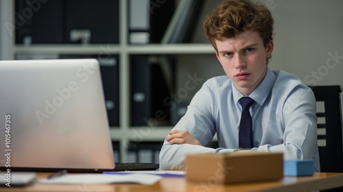 Young man sits at office desk with laptop, papers, and box. He wears blue shirt, black tie, curly hair. Cluttered workspace, bookshelf in background with books.