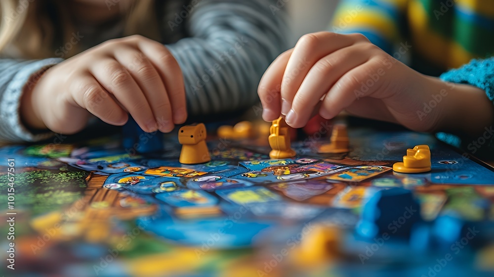 Close-up of hands playing a board game with colorful pieces.