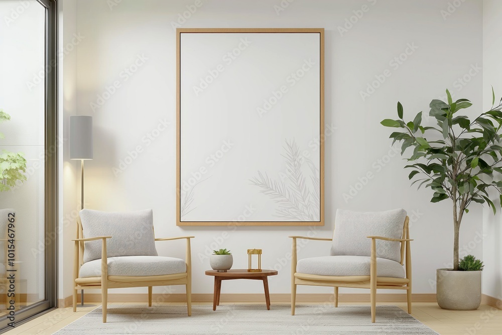 Modern living room with light-colored armchairs and wooden coffee table. White wall and big window with plant on windowsill. Scandinavian interior design style with minimalist and tranquil atmosphere. Modern living room with light-colored armchairs and wooden coffee table. White wall and big window with plant on windowsill. Scandinavian interior design style with minimalist and tranquil atmosphere.