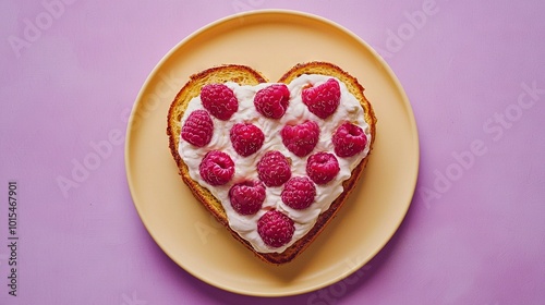  A heart-shaped slice of bread with raspberries on it rests on a yellow plate on a purple tablecloth