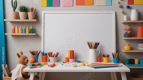 A study or a small office room interior design with decoratives, accessories and poster frame mock-up on the wall 3d illustration.