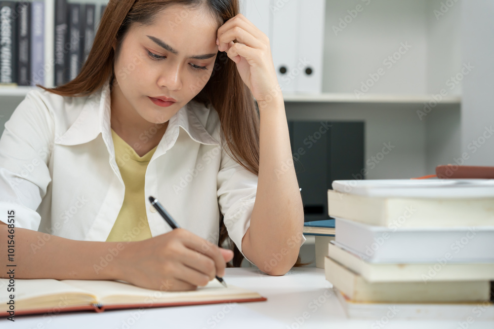 Asian student man have anxiety because of exams, male prepare for test and learning lessons in the library. stress, despair, haste, misunderstanding reading, discouraged, expectation, knowledge, tired Asian student man have anxiety because of exams, male prepare for test and learning lessons in the library. stress, despair, haste, misunderstanding reading, discouraged, expectation, knowledge, tired