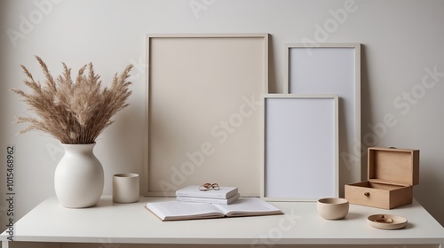 A living room interior with poster frame mock-ups on the wall 3d illustration.