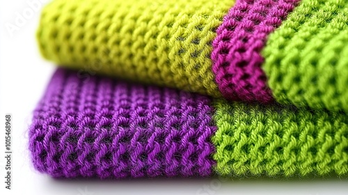   A photo of two crocheted towels, with purple and green yarn covering the surface, resting on a white background
