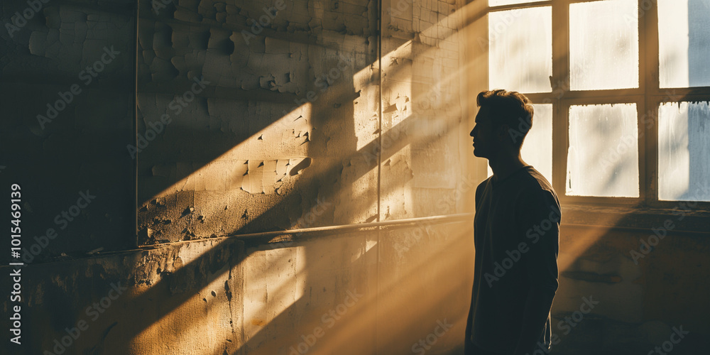 Fototapeta premium Silhouette of a Man in an Abandoned Room with Dramatic Light Rays