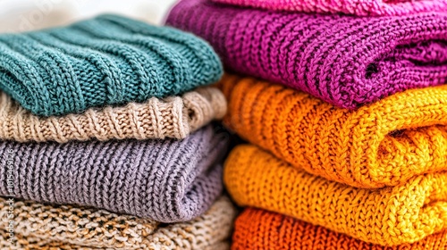   A colorful pile of towels sits atop a white cloth adorned with blue, yellow, pink, and orange
