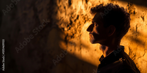 Silhouette of a Man in Dramatic Lighting Against a Textured Wall