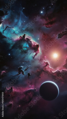 Dreamy space landscape with planets, stars and nebulae