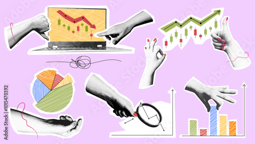 Halftone data analysis and statistics collage set. punk collage design with hand drawn elements for poster in trendy halftone style Business data and market concept