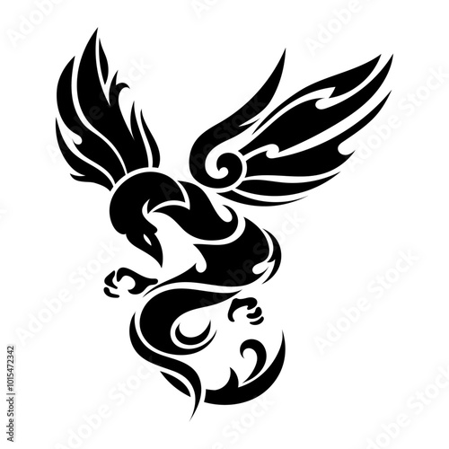 Vector de ave fénix en estilo tribal. Ilustración de tatuaje fénix aislado. Diseño silueta de ave.