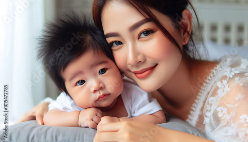 A loving mother holds her adorable baby, capturing a joyful moment of care and happiness in their family bond