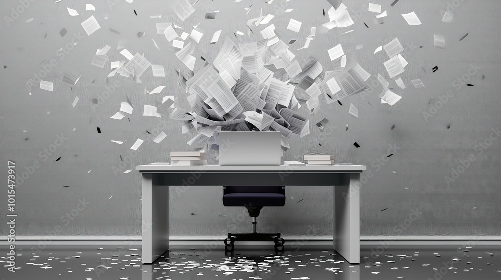 A modern office scene with a desk overwhelmed by flying documents and papers. The clean design contrasts with the chaotic storm of paperwork, symbolizing work overload and productivity challenges.